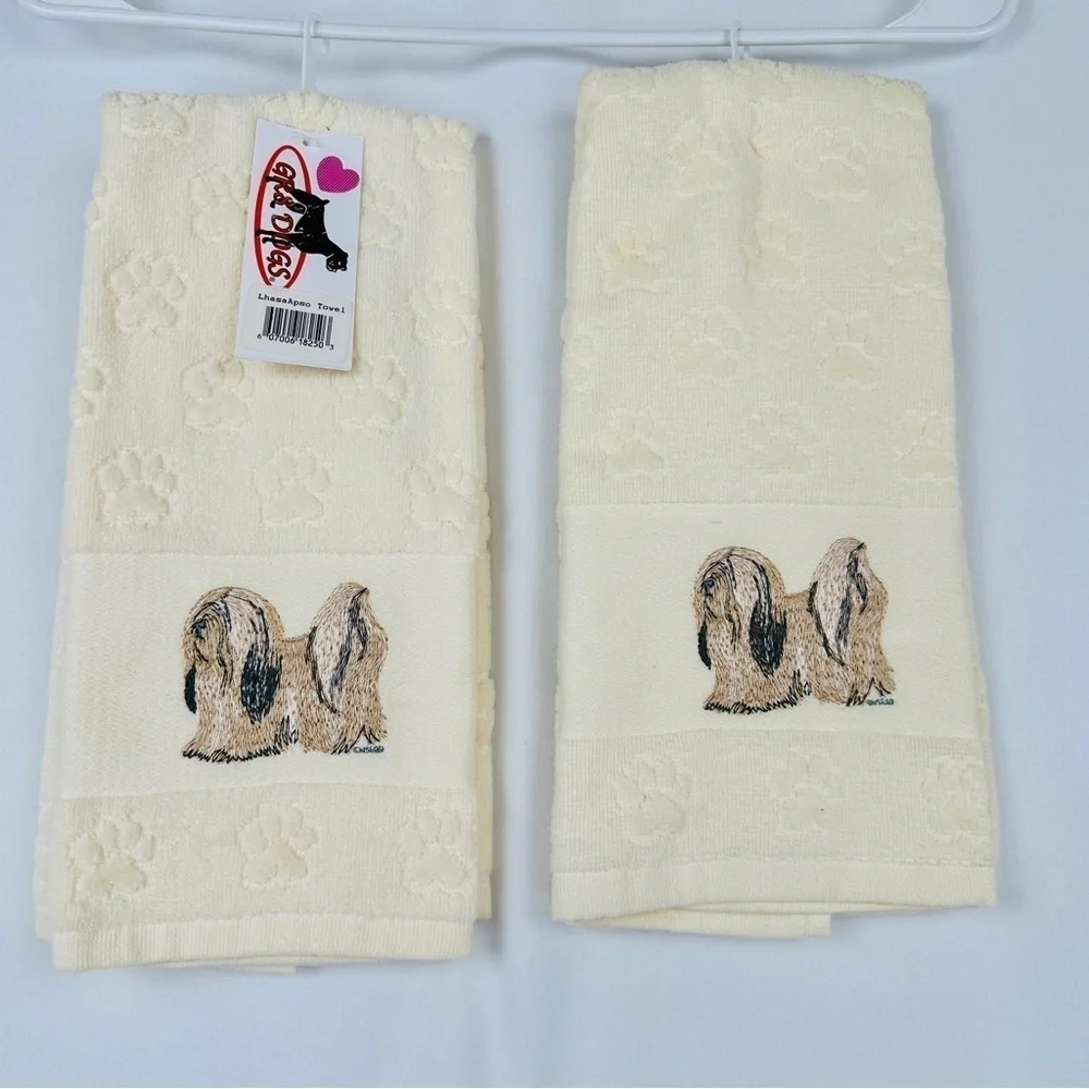 NWT - Custom Lhasa Apso Embroidered- Paw Printed Hand Towels - GR8 Dogs